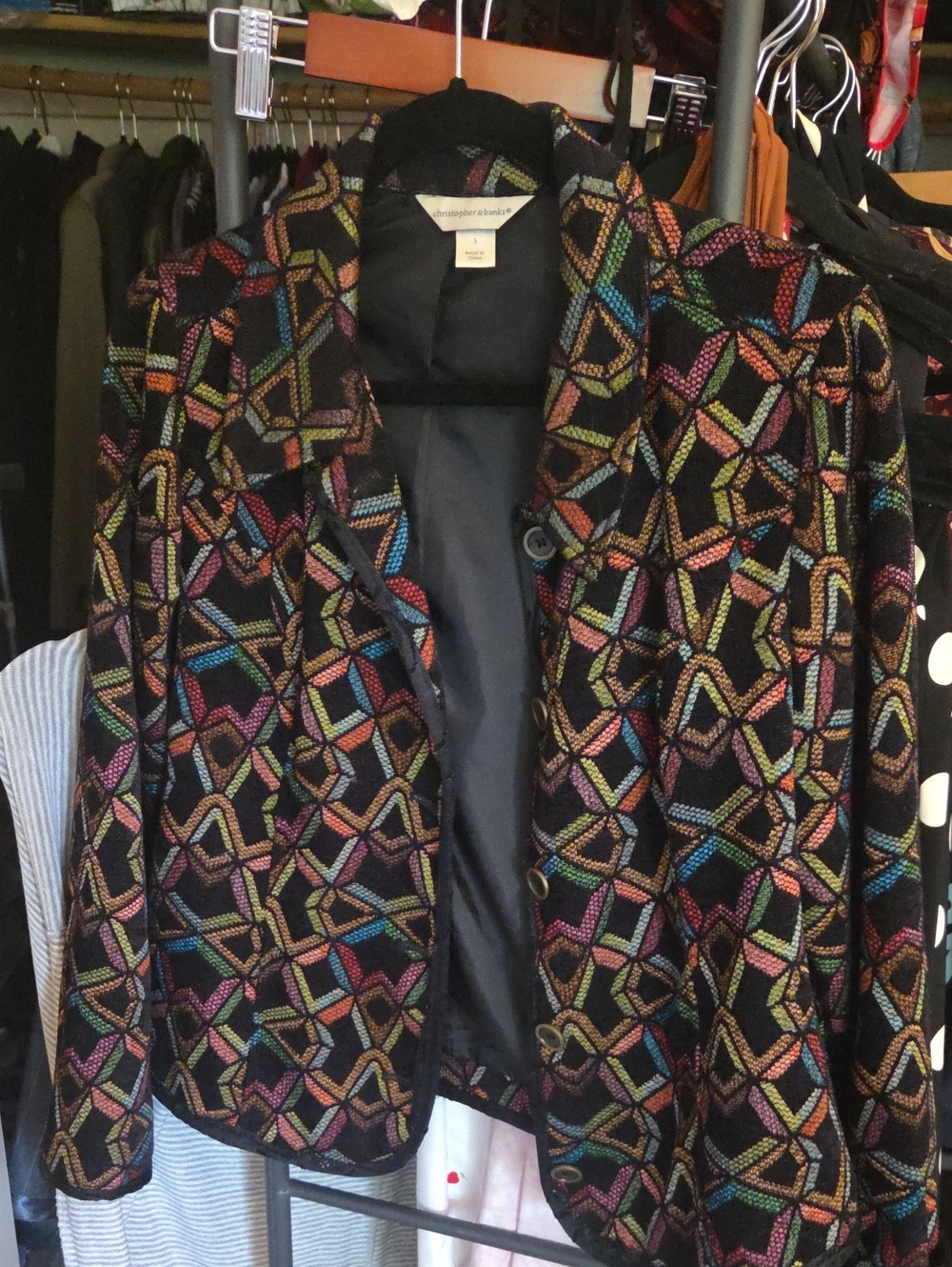 Christopher & Banks Black Open-Front Blazer with Multicolor Geometric Pattern
